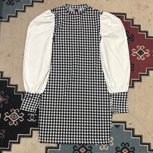 Black and White Houndstooth Dress with Puff Sleeves